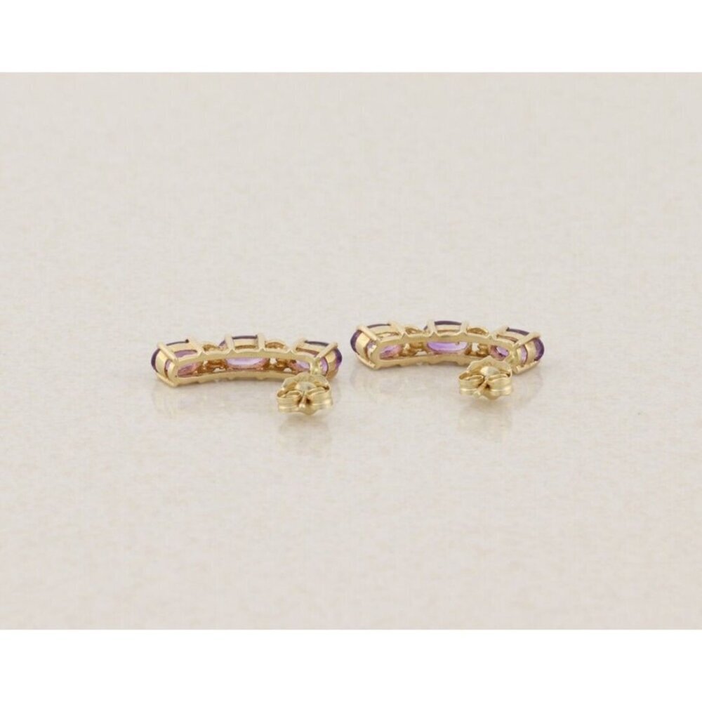10k Yellow Gold Natural Amethyst Earrings Half Hoop - Picture 5 of 8